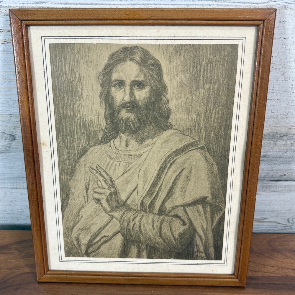 Vintage Jesus Christ Raised Hand in Blessing 1940 Charcoal Drawing with Cert
